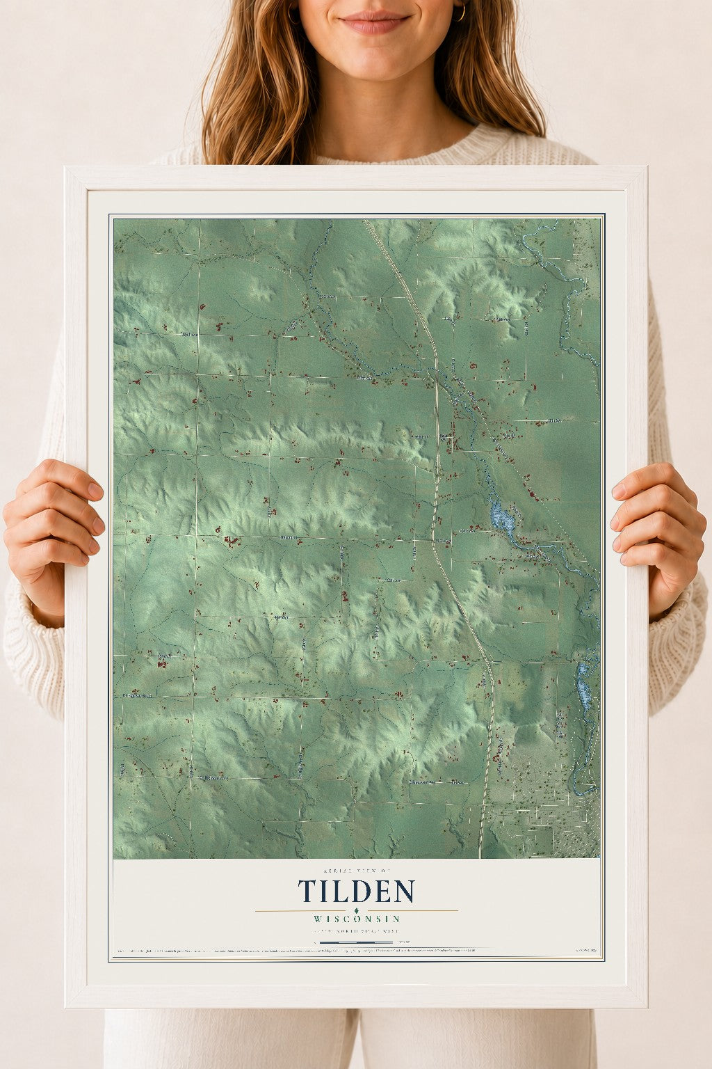 Map of Tilden, Wisconsin, 18 x 24 inch print in a white wood frame
