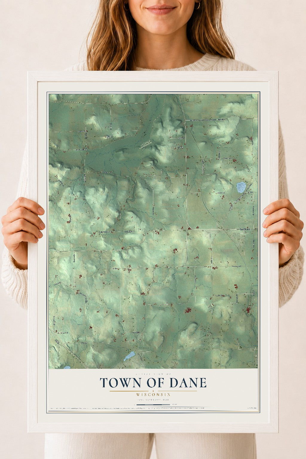 Map of the Town of Dane, Wisconsin, 18 x 24 inch print in a white wood frame