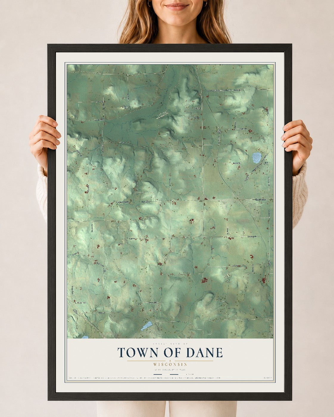 Map of the Town of Dane, Wisconsin, 24 x 36 inch print in a black wood frame