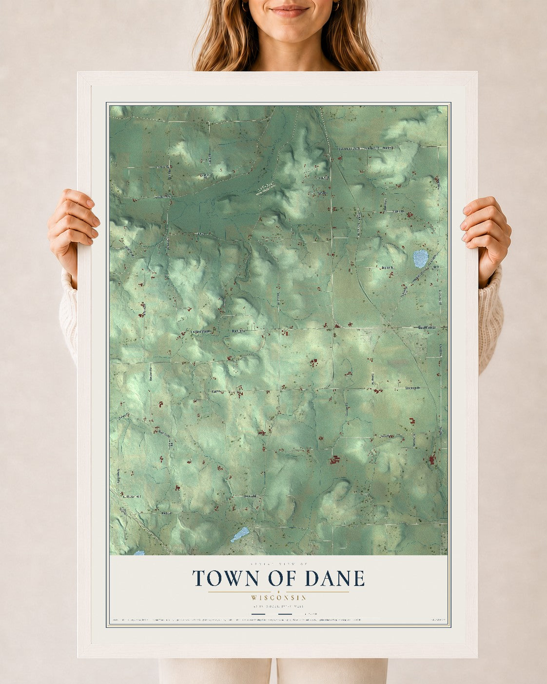 Map of the Town of Dane, Wisconsin, 24 x 36 inch print in a white wood frame