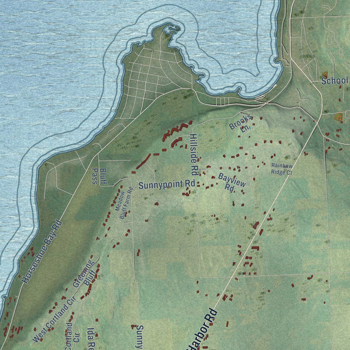 Close-up of the map of the Town of Egg Harbor, Wisconsin print showing street and building detail