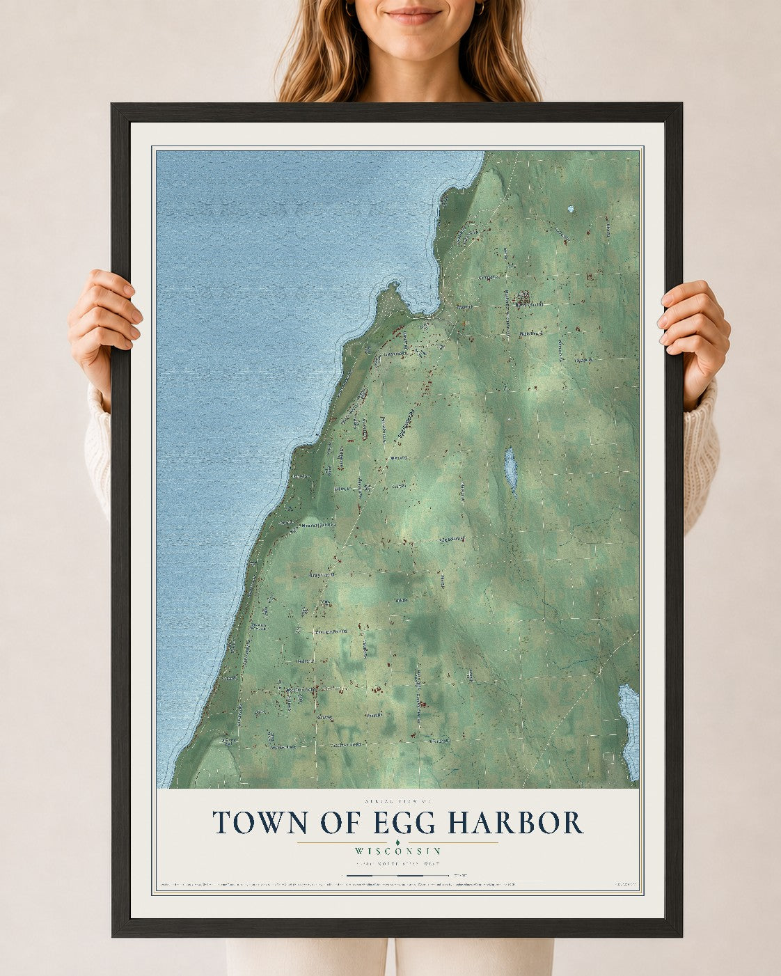 Map of the Town of Egg Harbor, Wisconsin, 24 x 36 inch print in a black wood frame