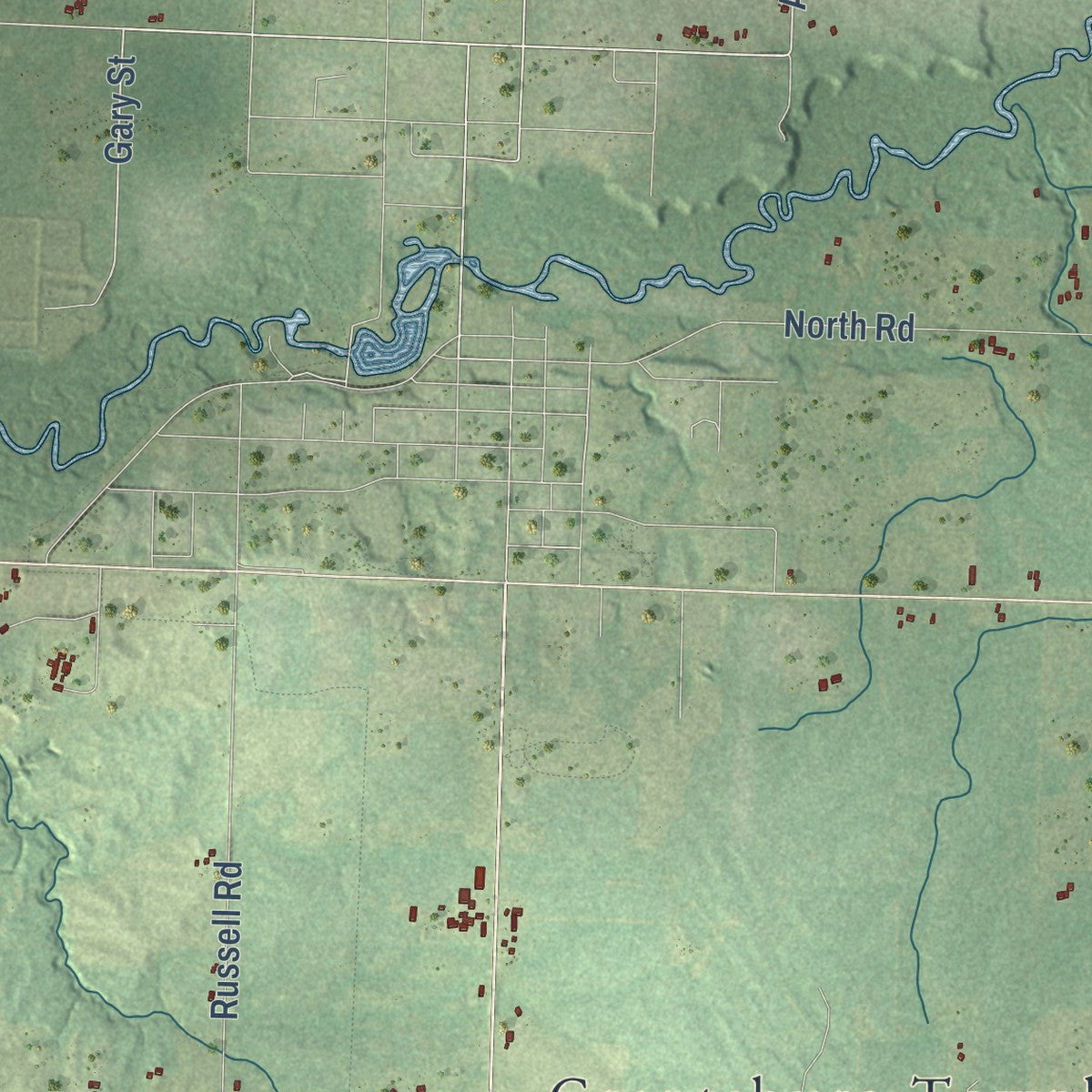 Second close-up of the map of the Town of Grantsburg, Wisconsin print showing more streets and buildings