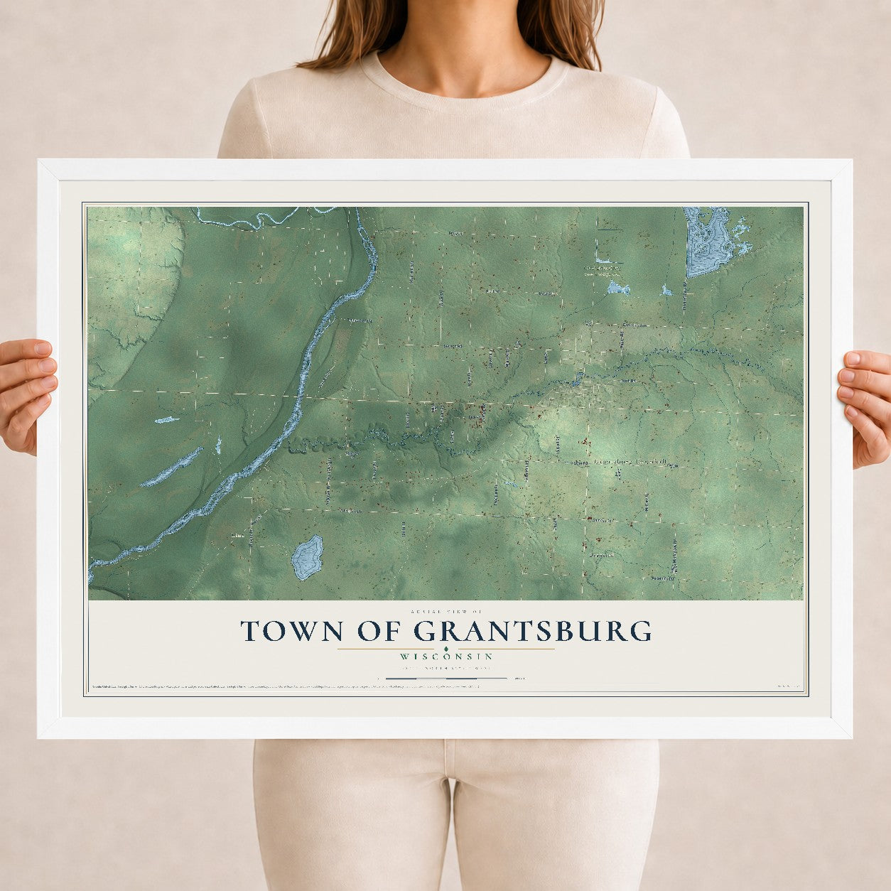 Map of the Town of Grantsburg, Wisconsin, 18 x 24 inch print in a white wood frame