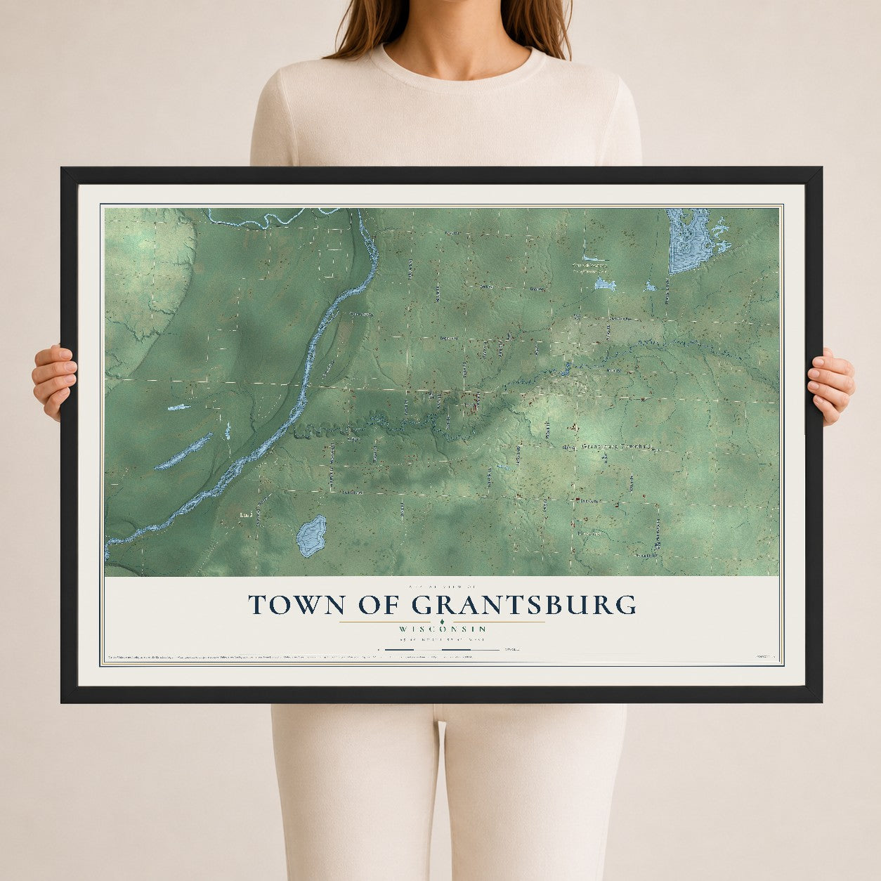 Map of the Town of Grantsburg, Wisconsin, 24 x 36 inch print in a black wood frame