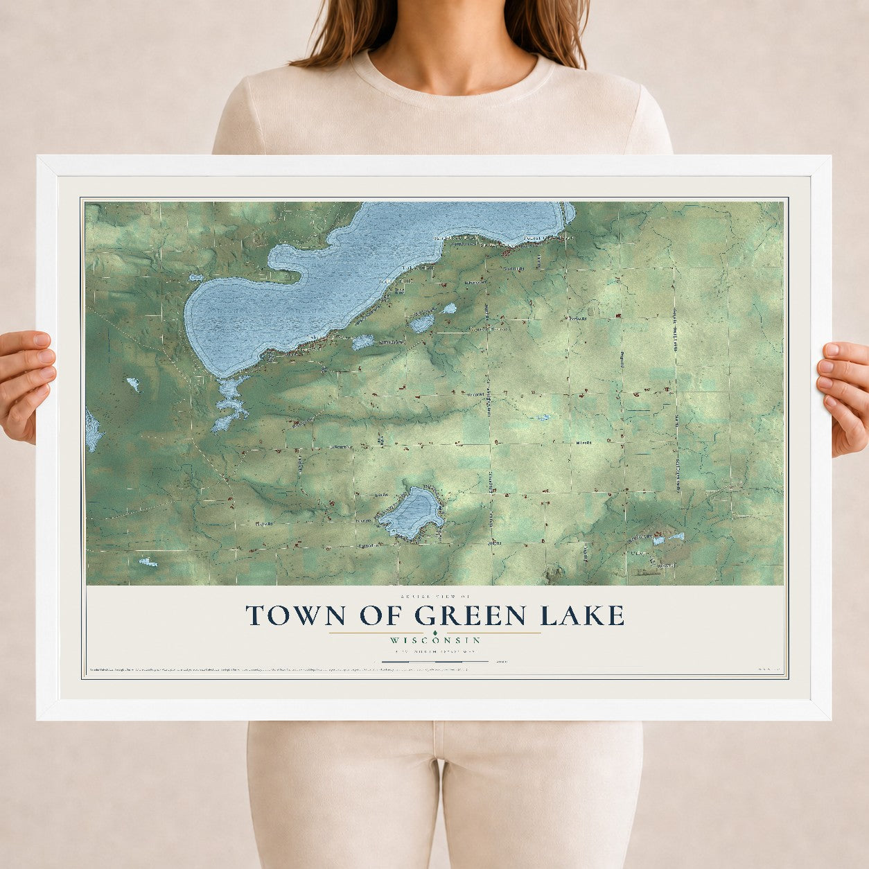 Map of the Town of Green Lake, Wisconsin, 18 x 24 inch print in a white wood frame