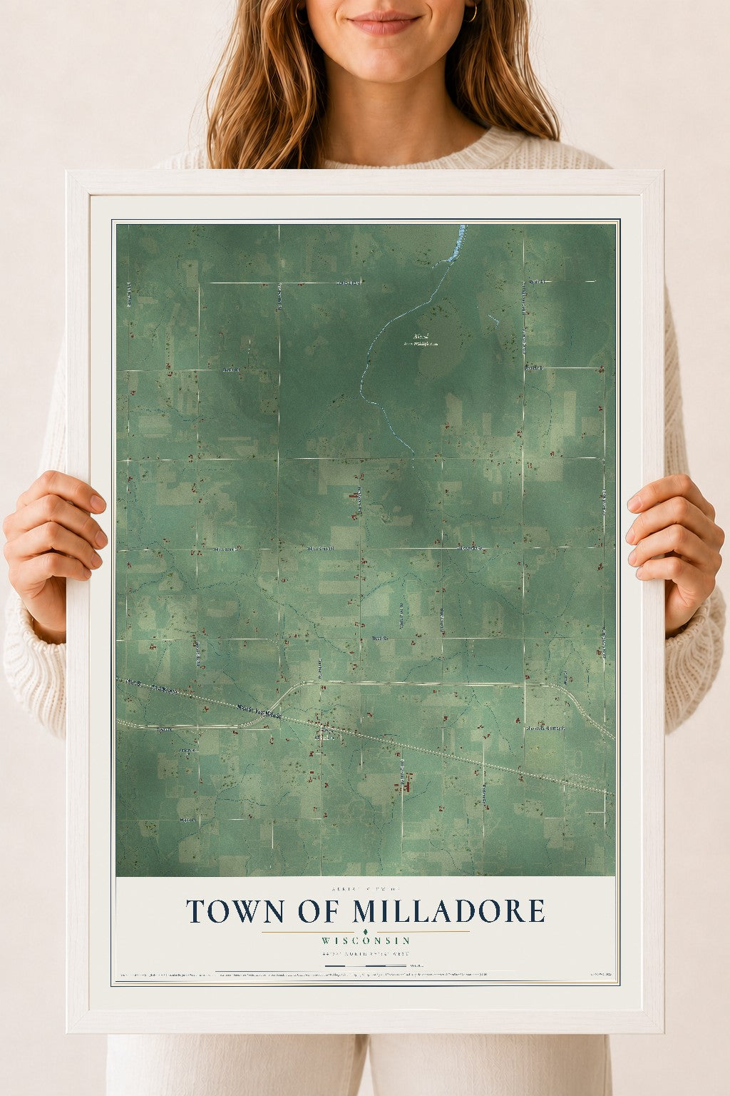 Map of the Town of Milladore, Wisconsin, 18 x 24 inch print in a white wood frame