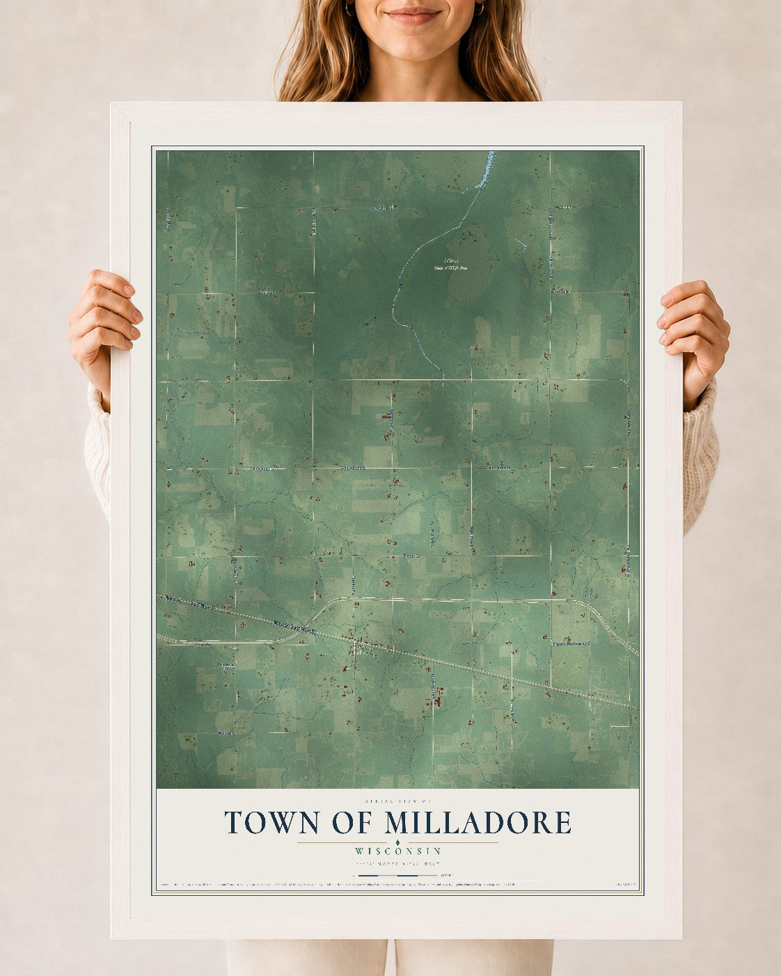 Map of the Town of Milladore, Wisconsin, 24 x 36 inch print in a white wood frame