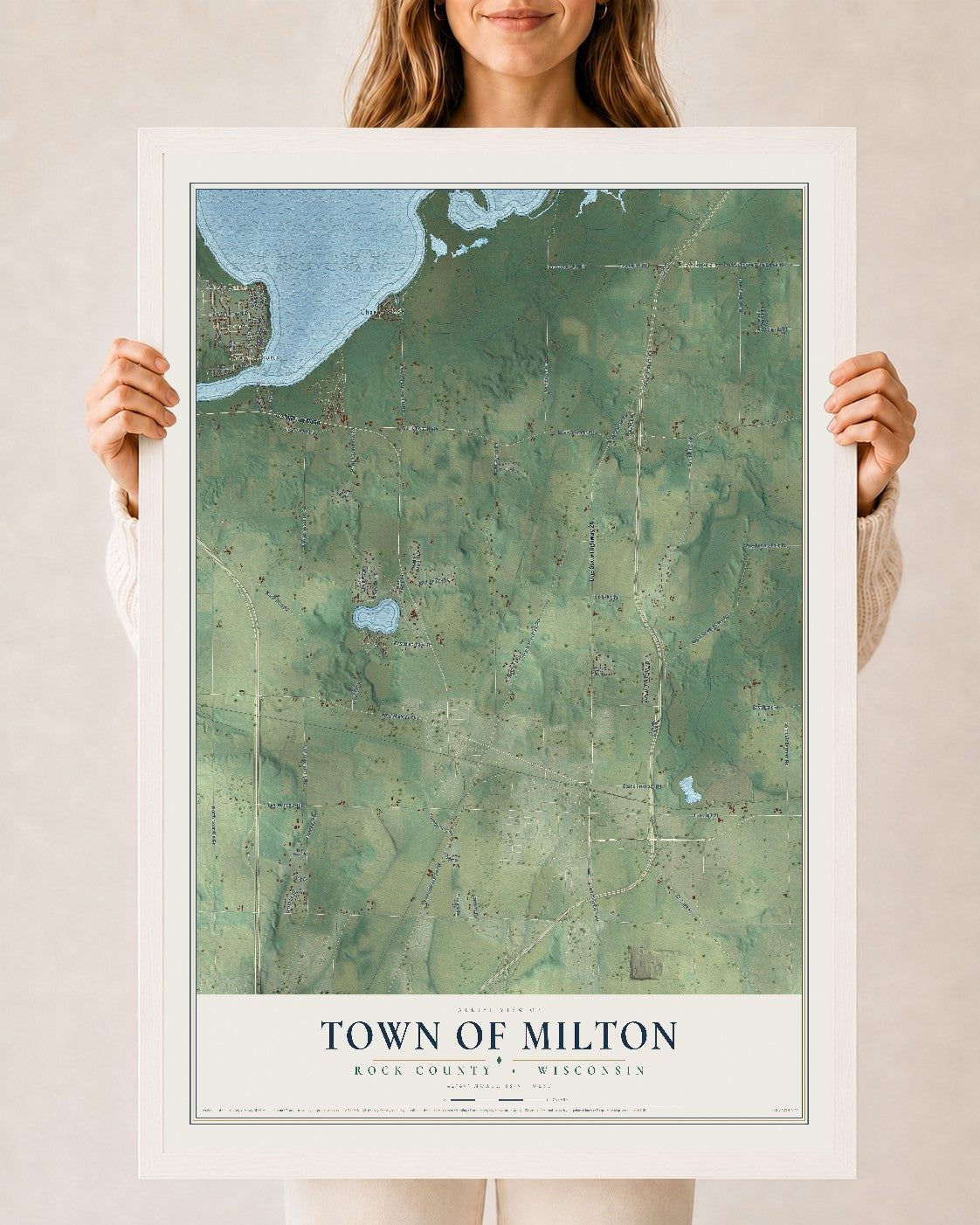 Map of the Town of Milton, Rock County, Wisconsin, 24 x 36 inch print in a white wood frame