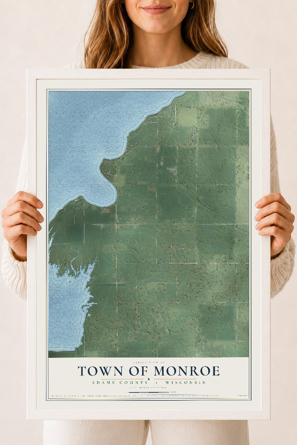 Map of the Town of Monroe, Adams County, Wisconsin, 18 x 24 inch print in a white wood frame