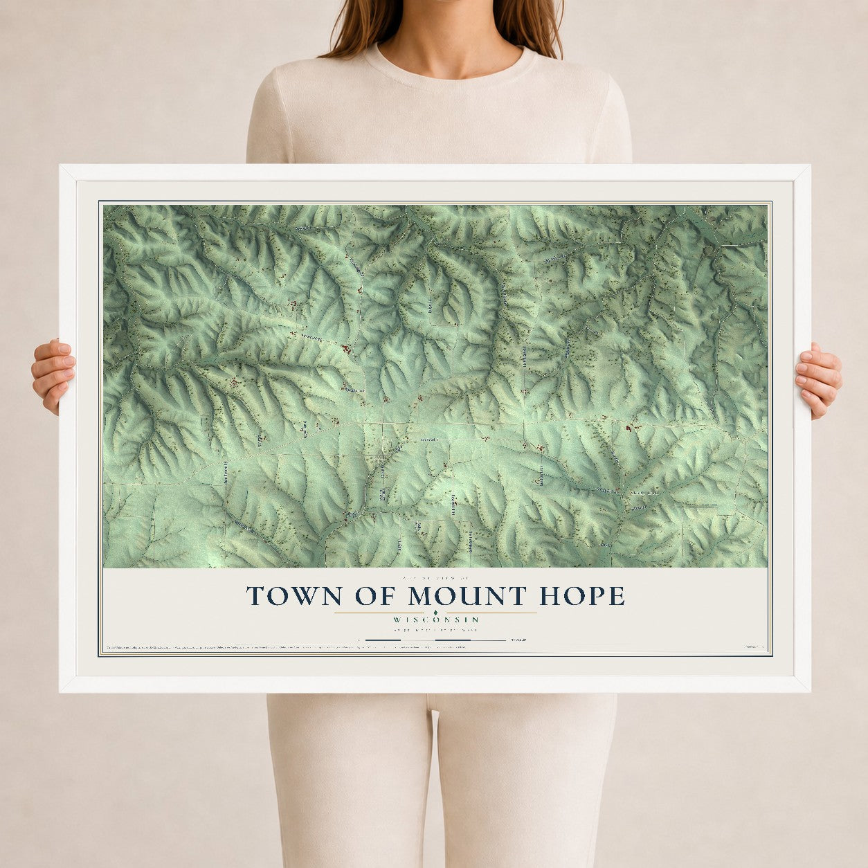 Map of the Town of Mount Hope, Wisconsin, 24 x 36 inch print in a white wood frame