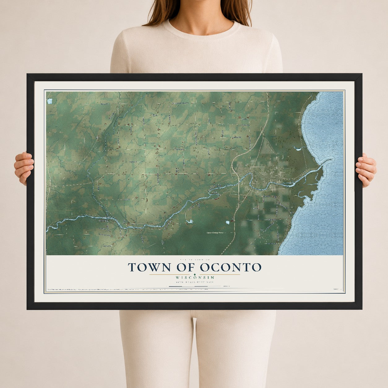 Map of the Town of Oconto, Wisconsin, 24 x 36 inch print in a black wood frame