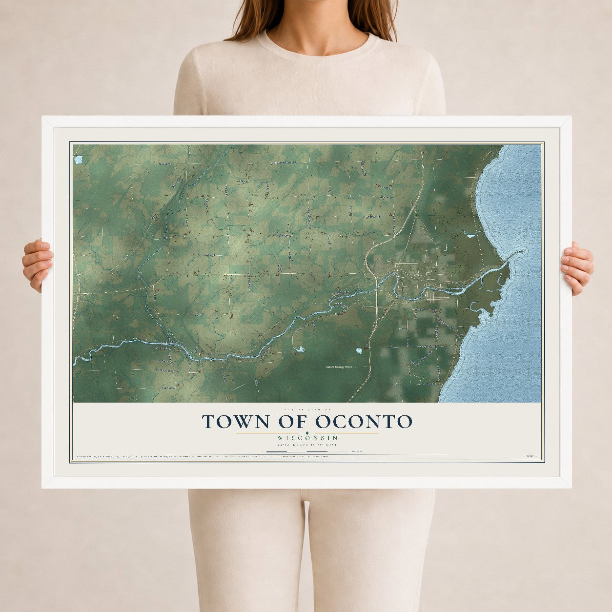 Map of the Town of Oconto, Wisconsin, 24 x 36 inch print in a white wood frame