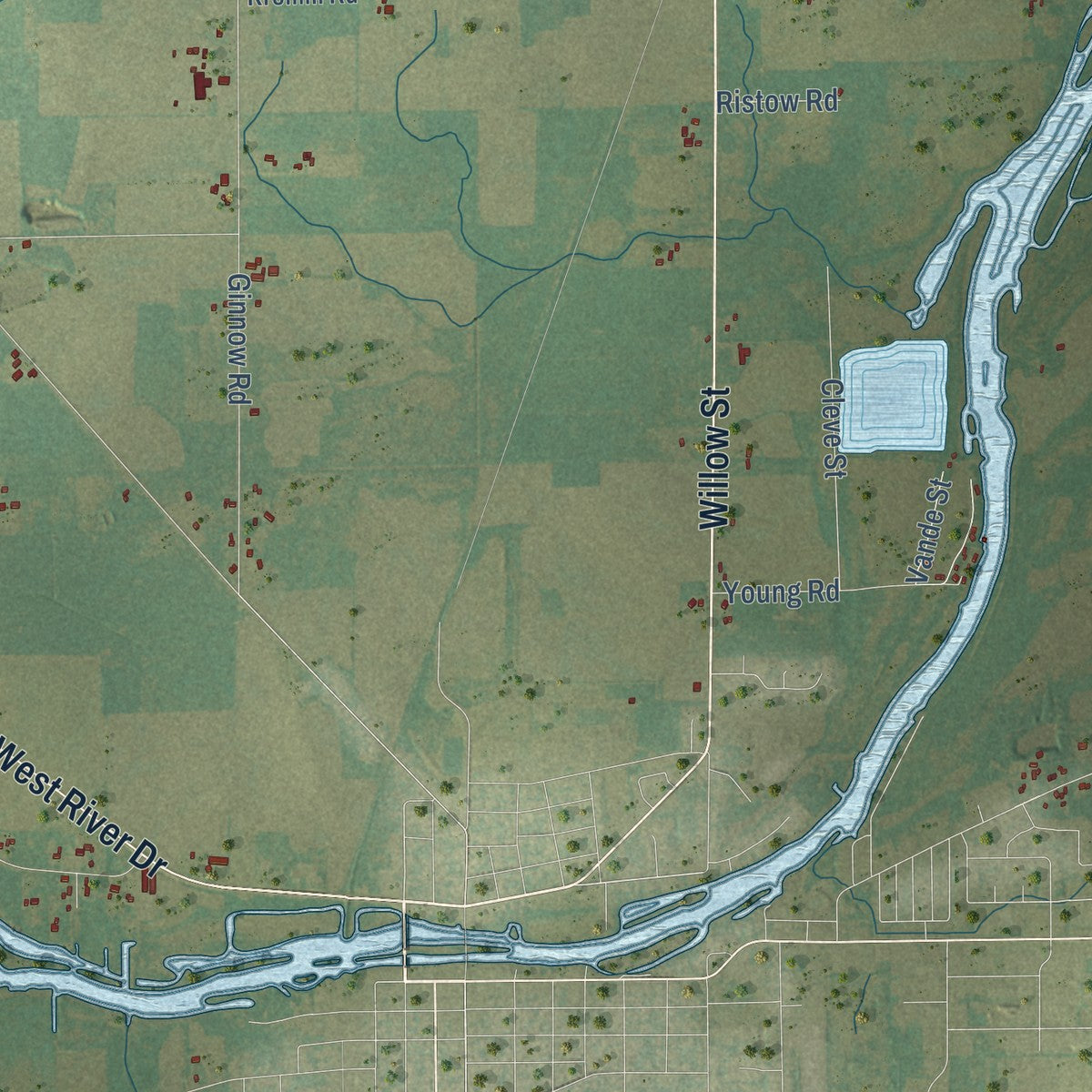 Second close-up of the map of the Town of Omro, Wisconsin print showing more streets and buildings