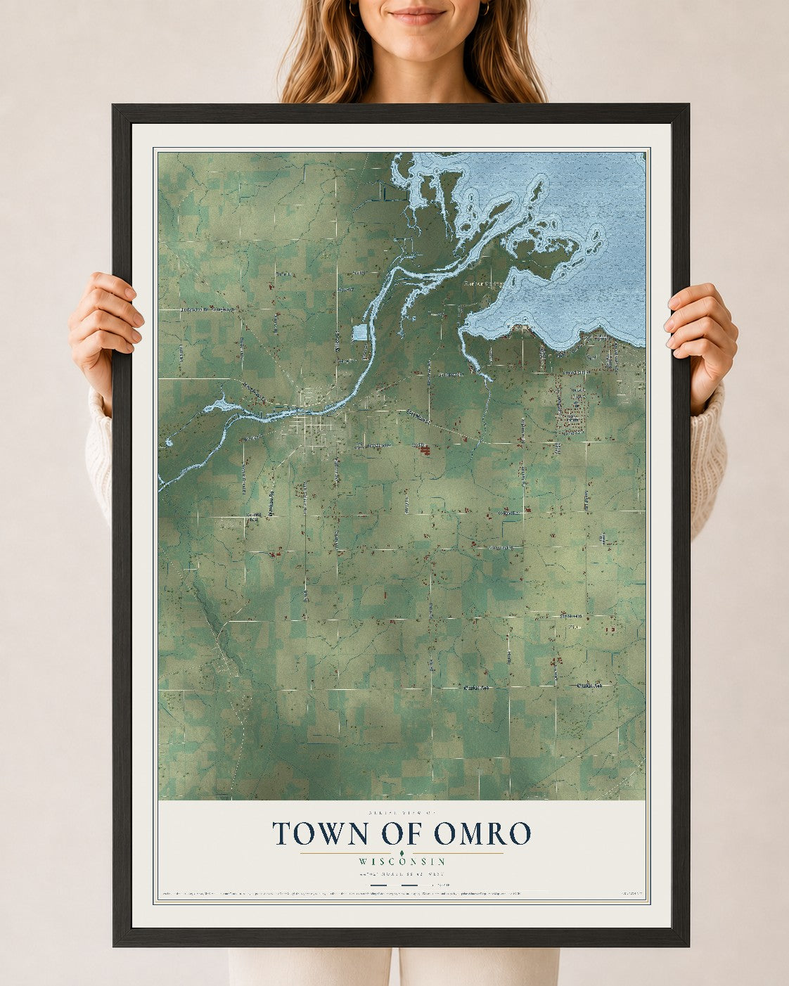 Map of the Town of Omro, Wisconsin, 24 x 36 inch print in a black wood frame