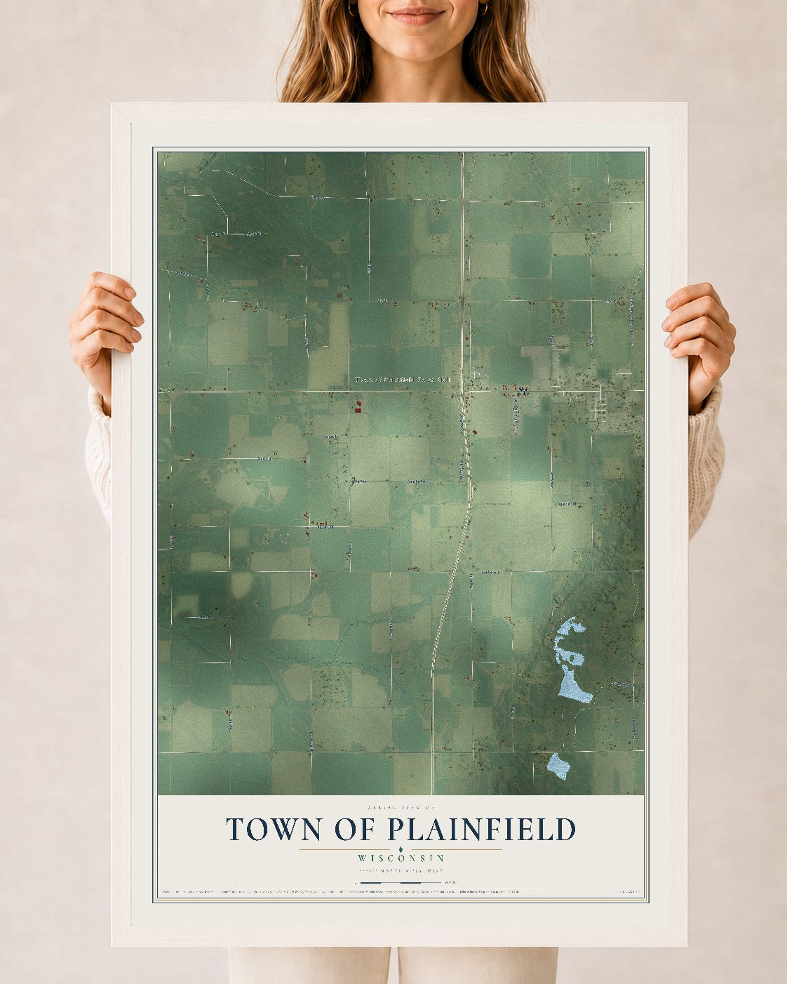 Map of the Town of Plainfield, Wisconsin, 24 x 36 inch print in a white wood frame