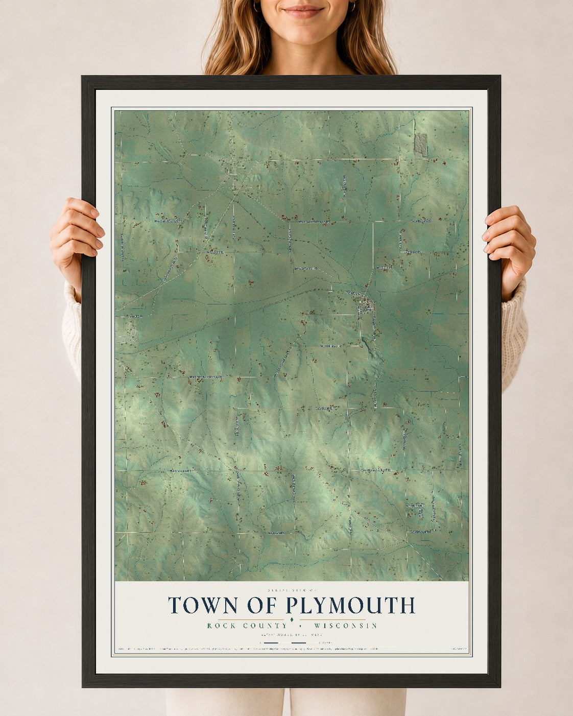 Map of the Town of Plymouth, Rock County, Wisconsin, 24 x 36 inch print in a black wood frame