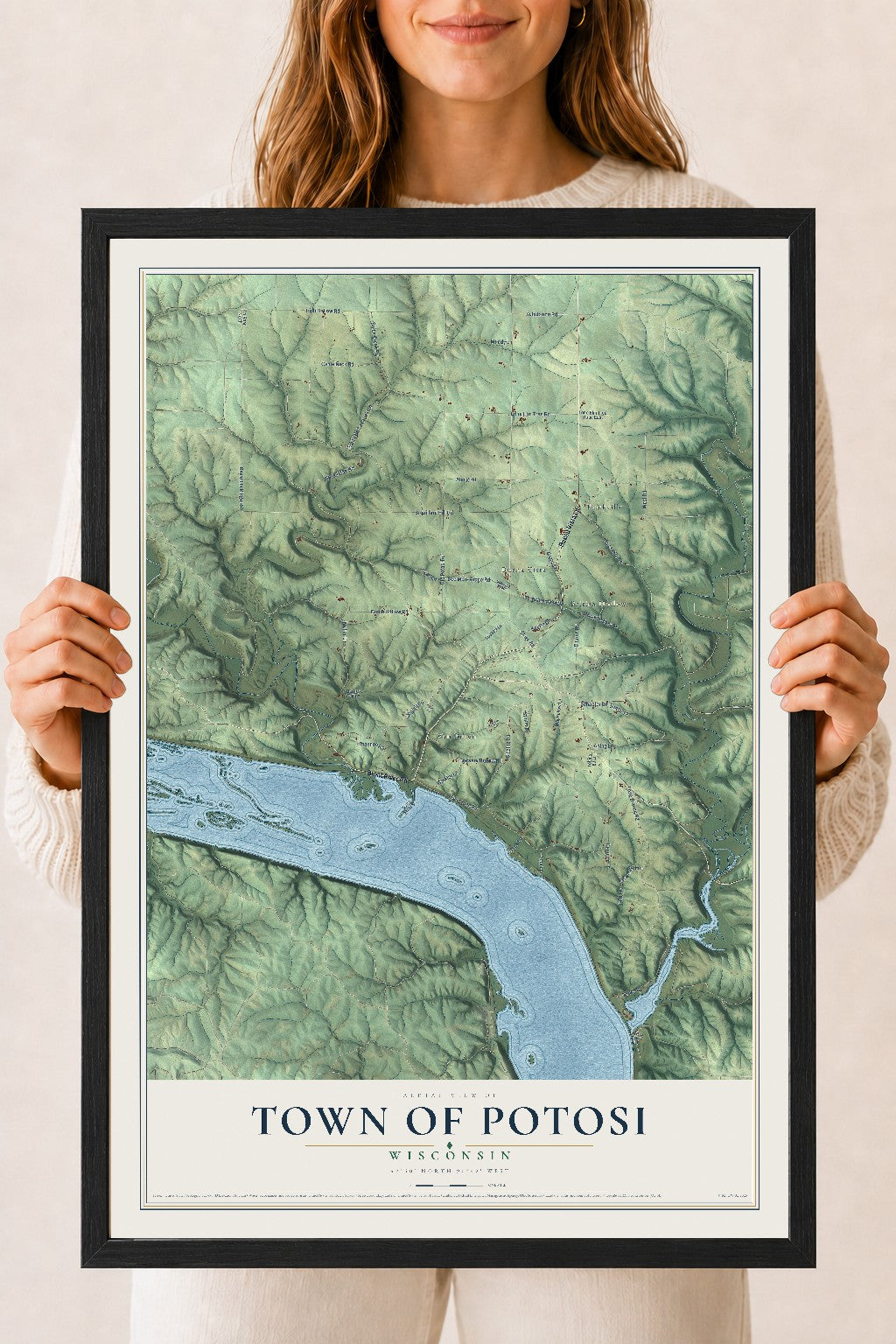 Map of the Town of Potosi, Wisconsin, 18 x 24 inch print in a black wood frame