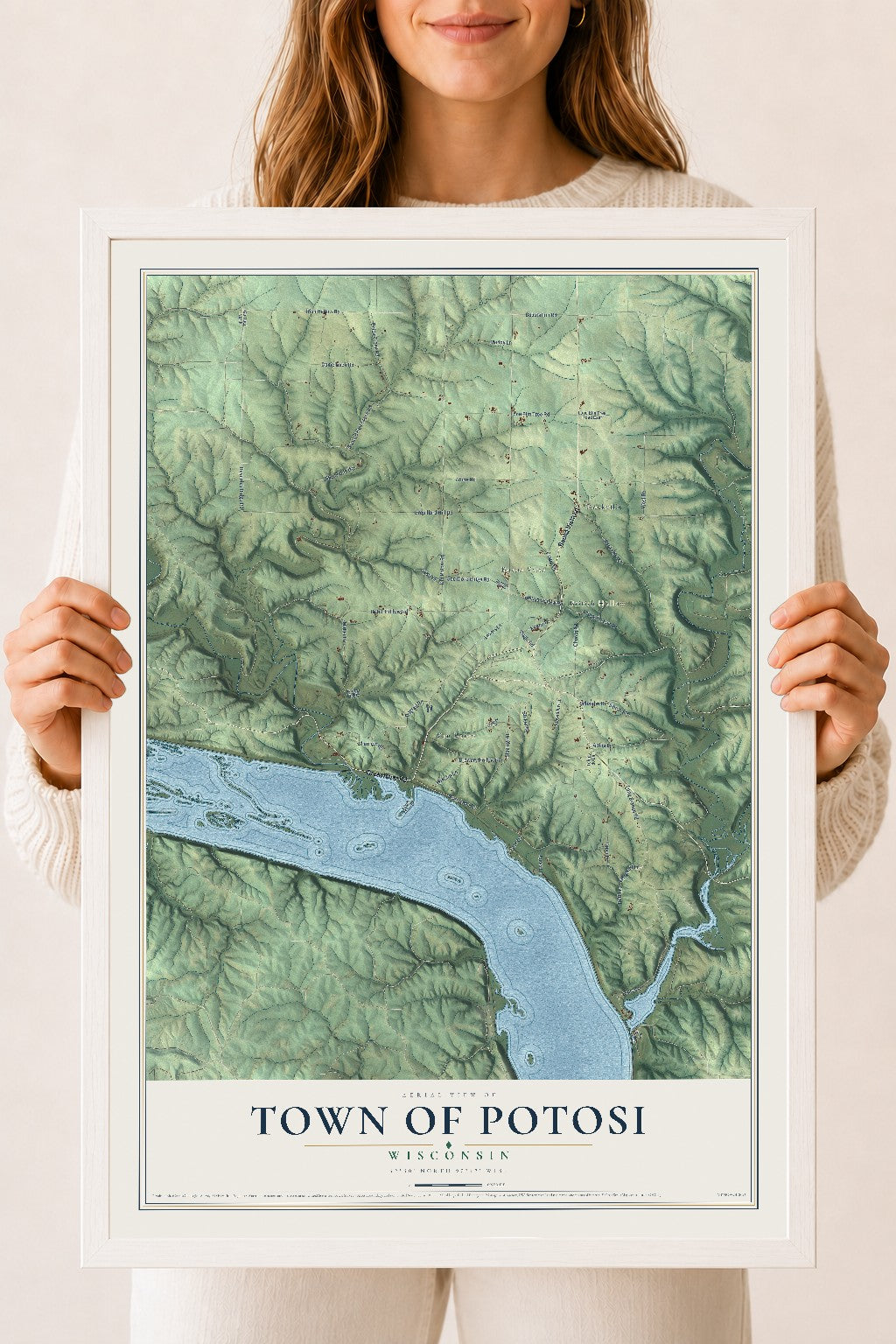Map of the Town of Potosi, Wisconsin, 18 x 24 inch print in a white wood frame