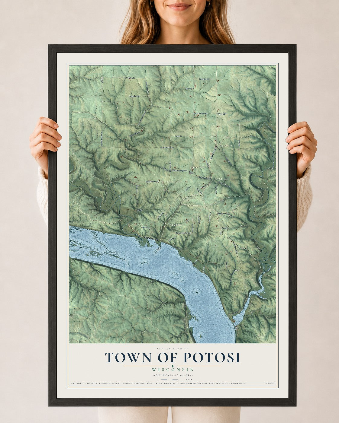 Map of the Town of Potosi, Wisconsin, 24 x 36 inch print in a black wood frame