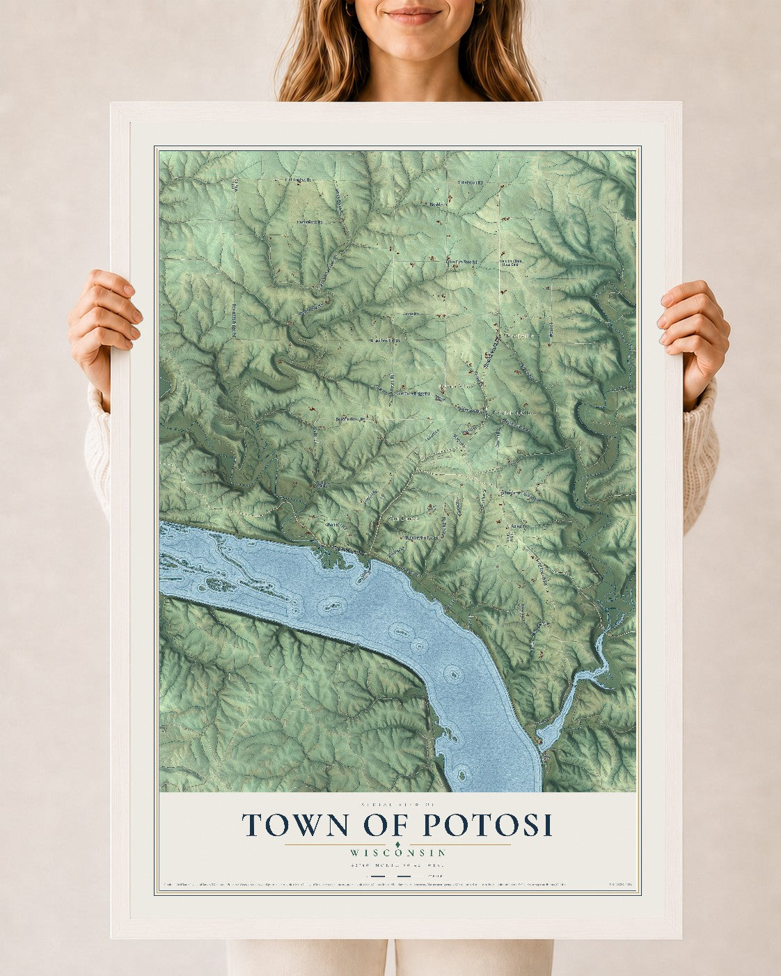 Map of the Town of Potosi, Wisconsin, 24 x 36 inch print in a white wood frame