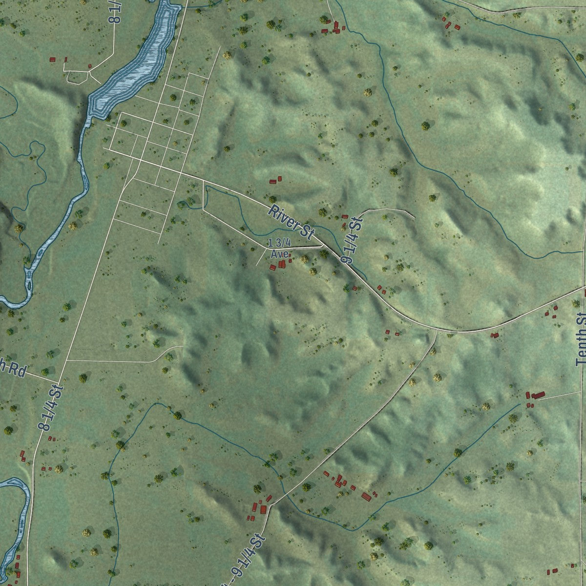 Second close-up of the map of the Town of Prairie Farm, Wisconsin print showing more streets and buildings