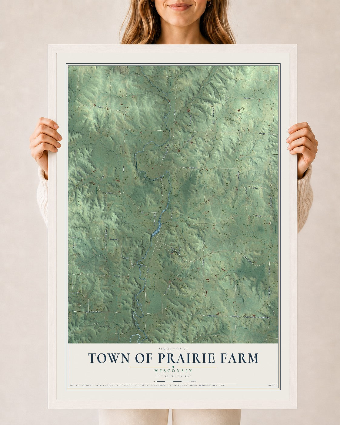 Map of the Town of Prairie Farm, Wisconsin, 24 x 36 inch print in a white wood frame