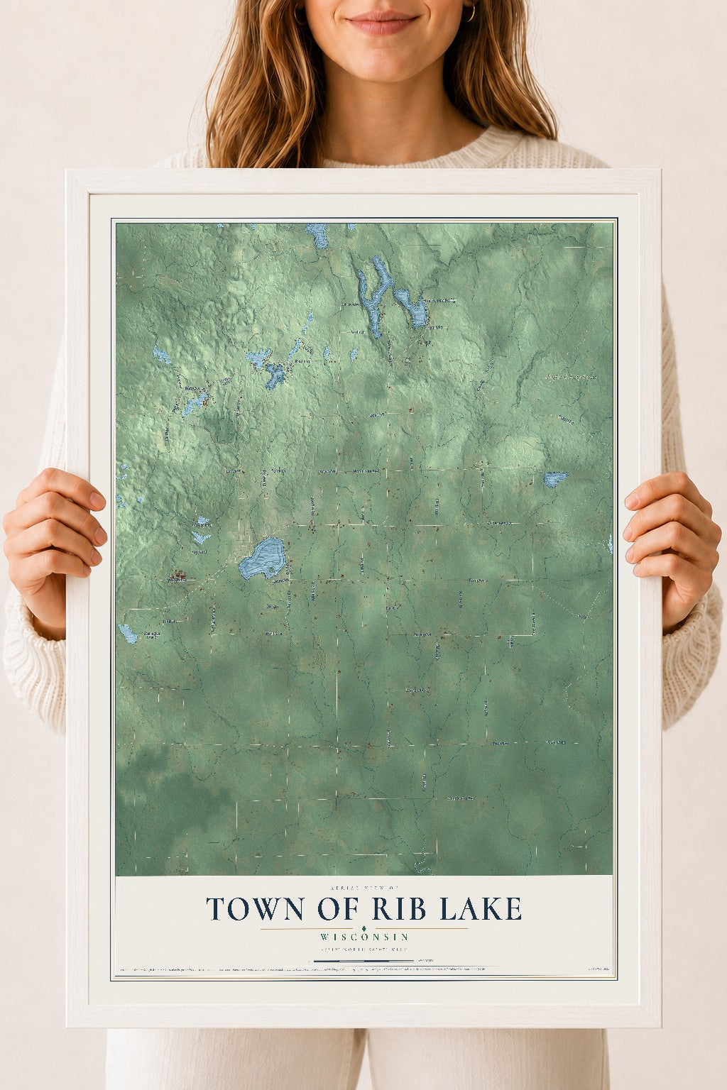 Map of the Town of Rib Lake, Wisconsin, 18 x 24 inch print in a white wood frame