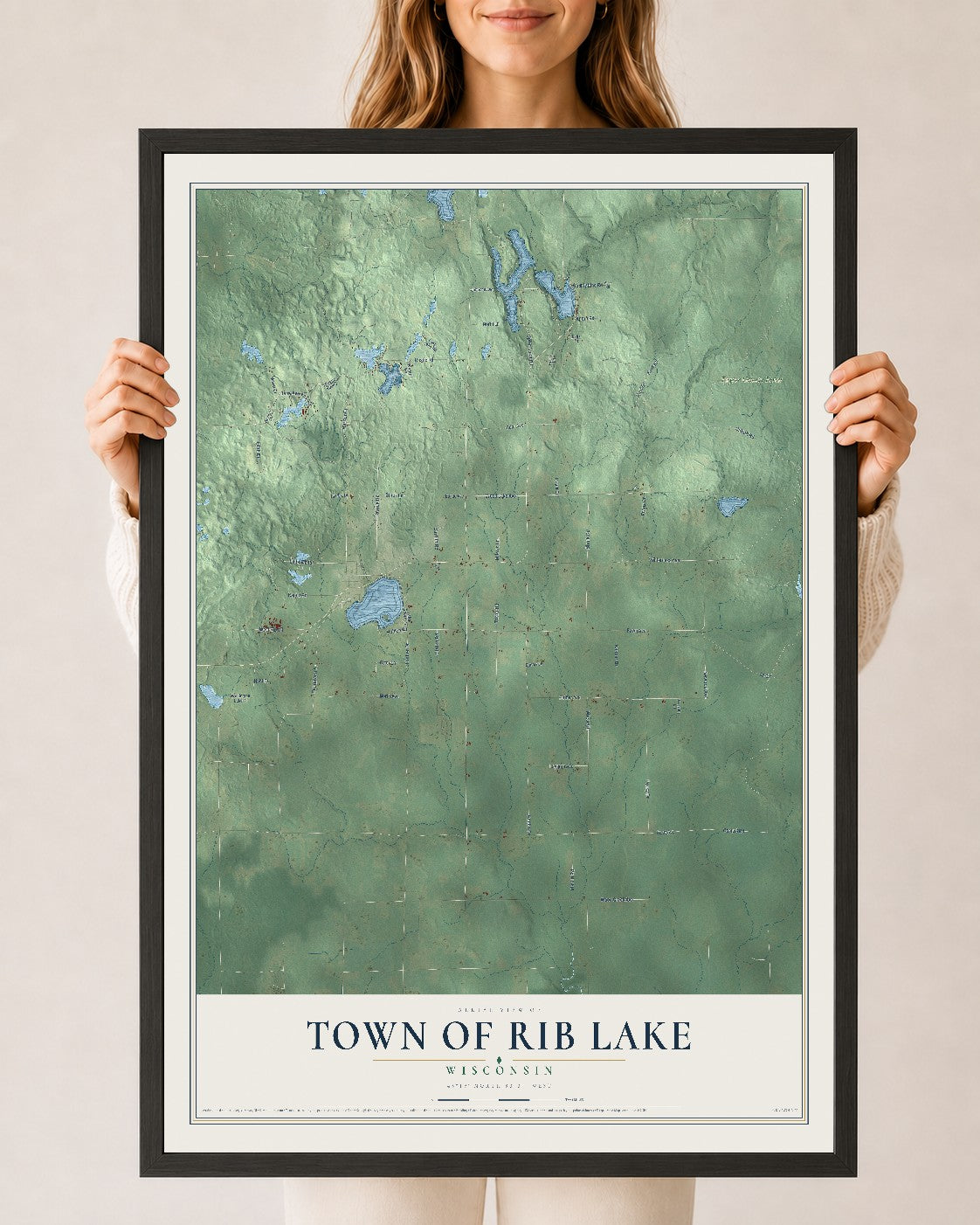 Map of the Town of Rib Lake, Wisconsin, 24 x 36 inch print in a black wood frame