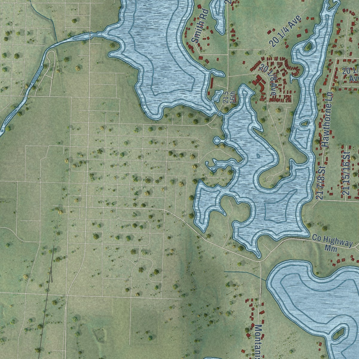 Close-up of the map of the Town of Rice Lake, Wisconsin print showing street and building detail