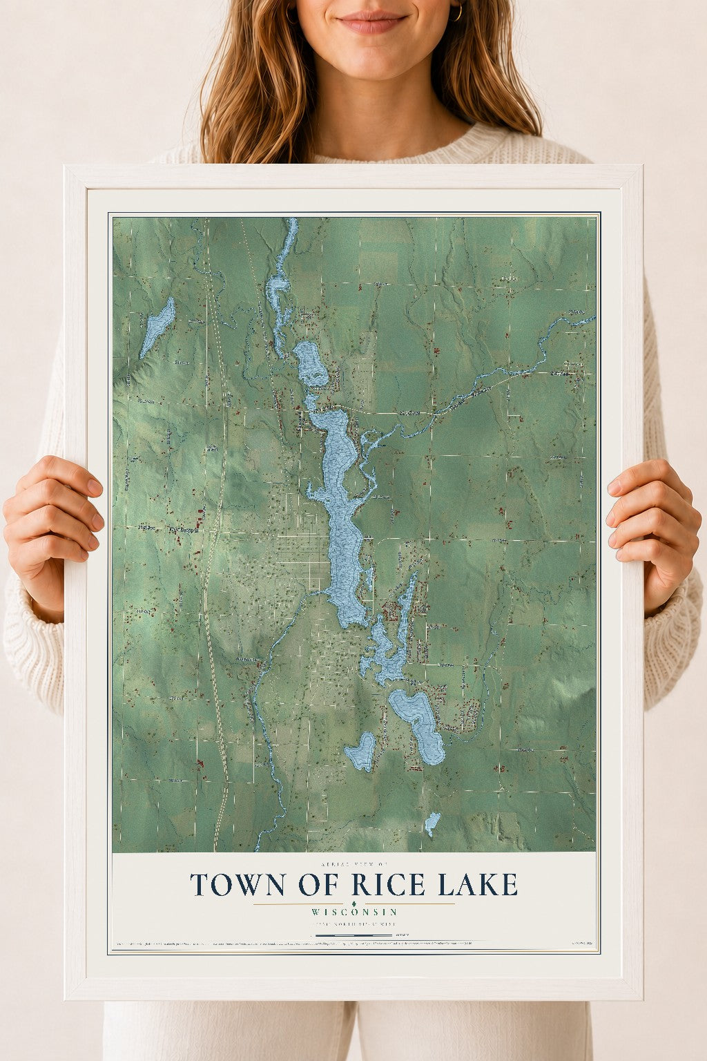 Map of the Town of Rice Lake, Wisconsin, 18 x 24 inch print in a white wood frame