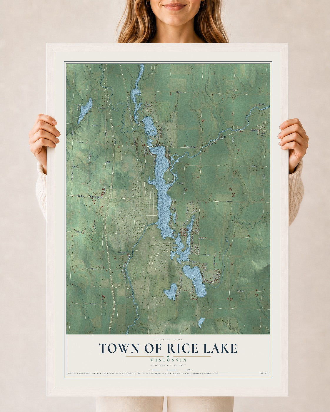 Map of the Town of Rice Lake, Wisconsin, 24 x 36 inch print in a white wood frame