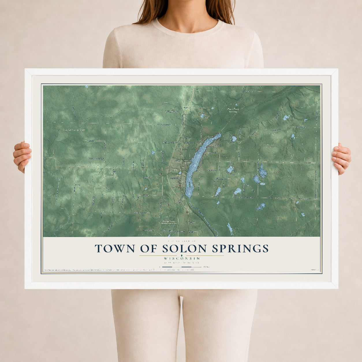 Map of the Town of Solon Springs, Wisconsin, 24 x 36 inch print in a white wood frame