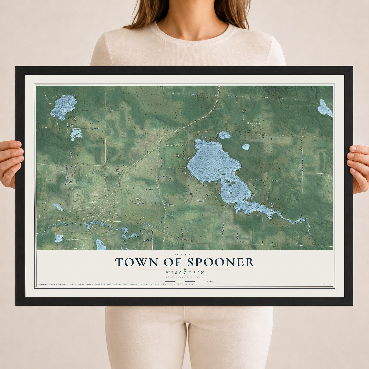 Map of the Town of Spooner, Wisconsin, 18 x 24 inch print in a black wood frame