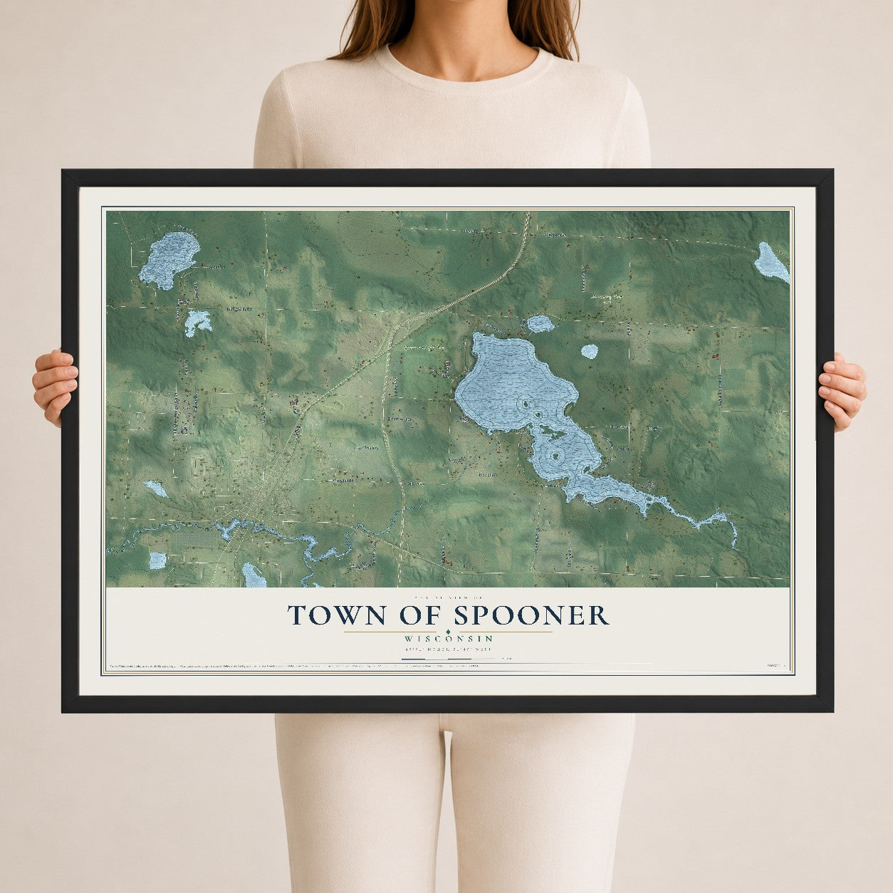 Map of the Town of Spooner, Wisconsin, 24 x 36 inch print in a black wood frame