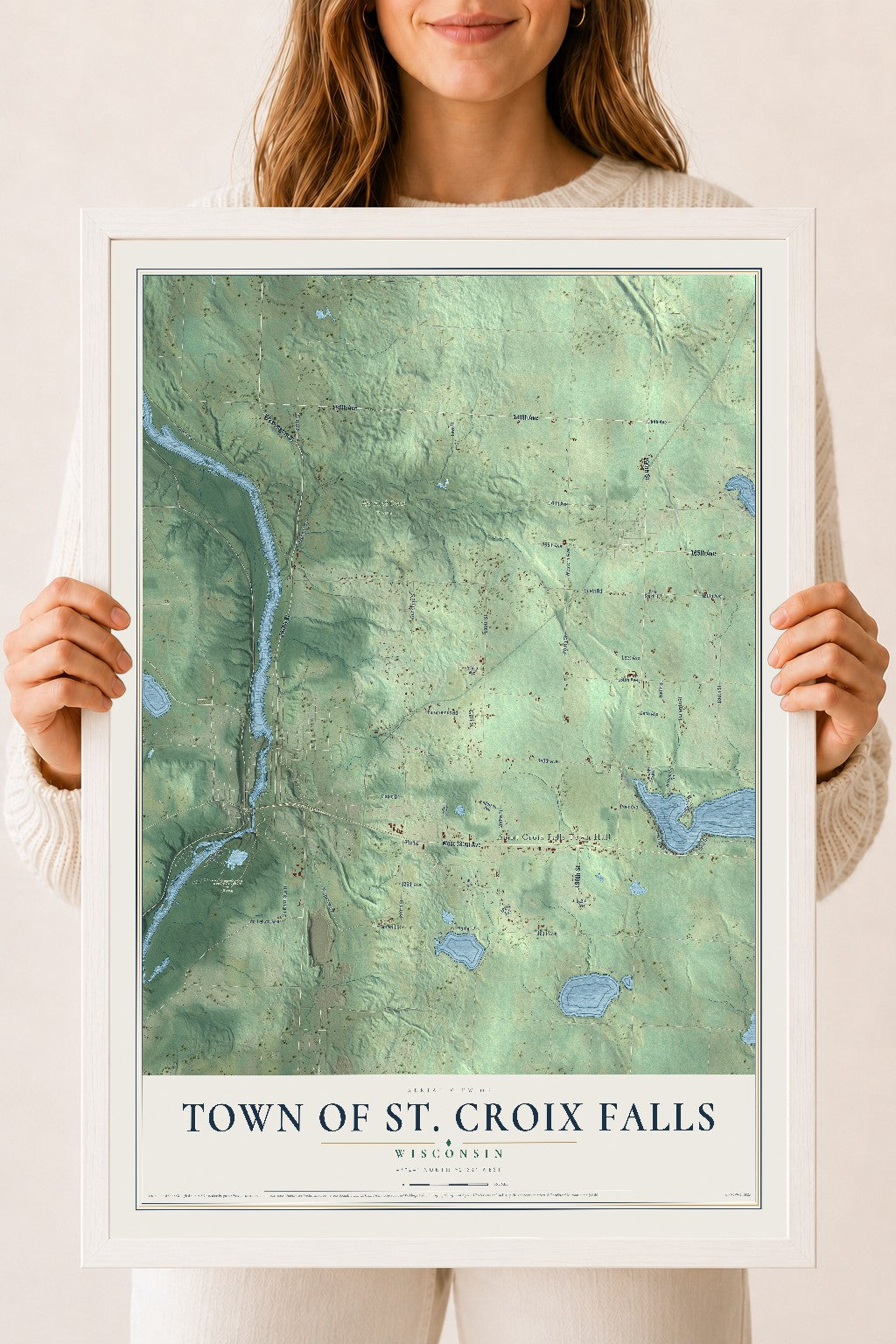 Map of the Town of St. Croix Falls, Wisconsin, 18 x 24 inch print in a white wood frame