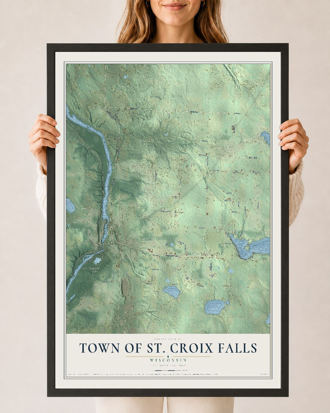 Map of the Town of St. Croix Falls, Wisconsin, 24 x 36 inch print in a black wood frame