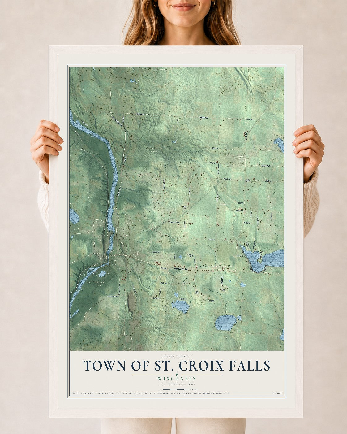Map of the Town of St. Croix Falls, Wisconsin, 24 x 36 inch print in a white wood frame