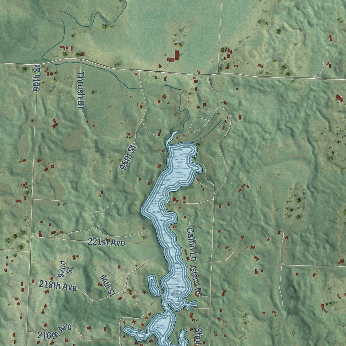 Second close-up of the map of the Town of Star Prairie, Wisconsin print showing more streets and buildings