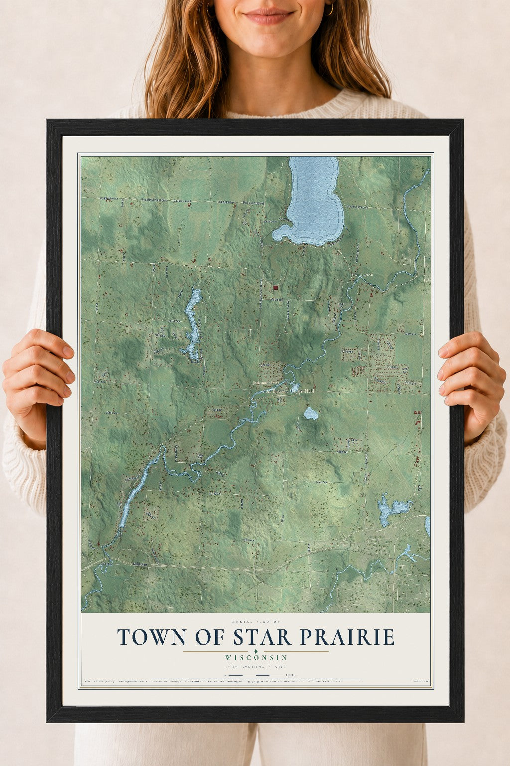 Map of the Town of Star Prairie, Wisconsin, 18 x 24 inch print in a black wood frame