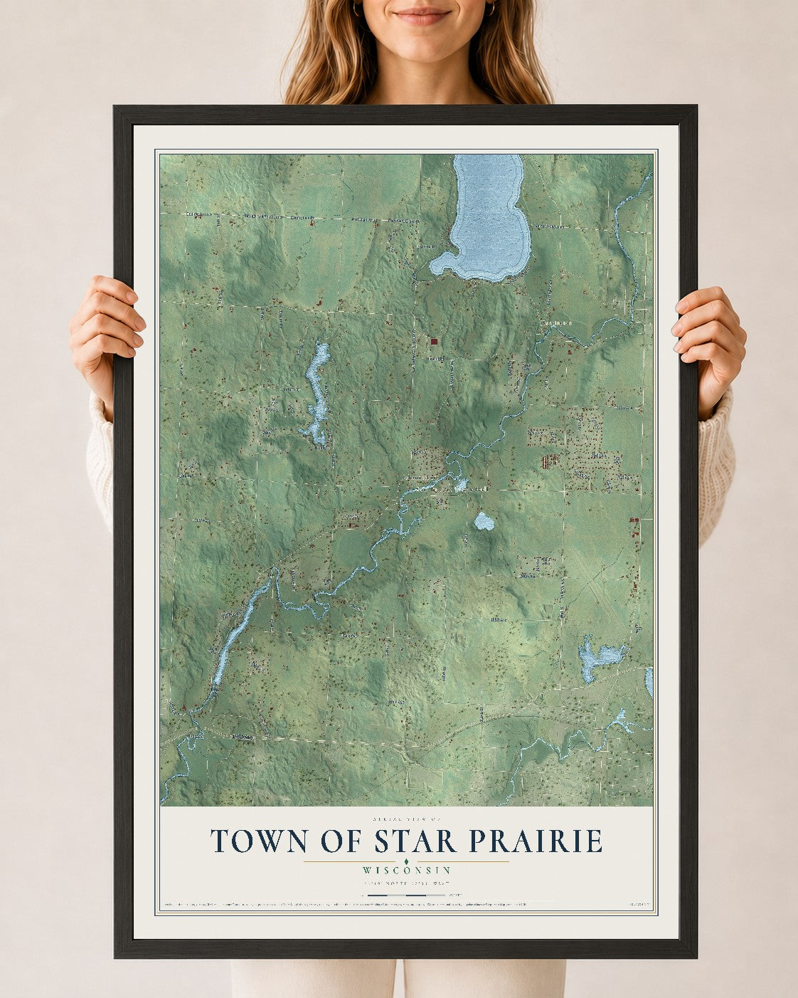 Map of the Town of Star Prairie, Wisconsin, 24 x 36 inch print in a black wood frame