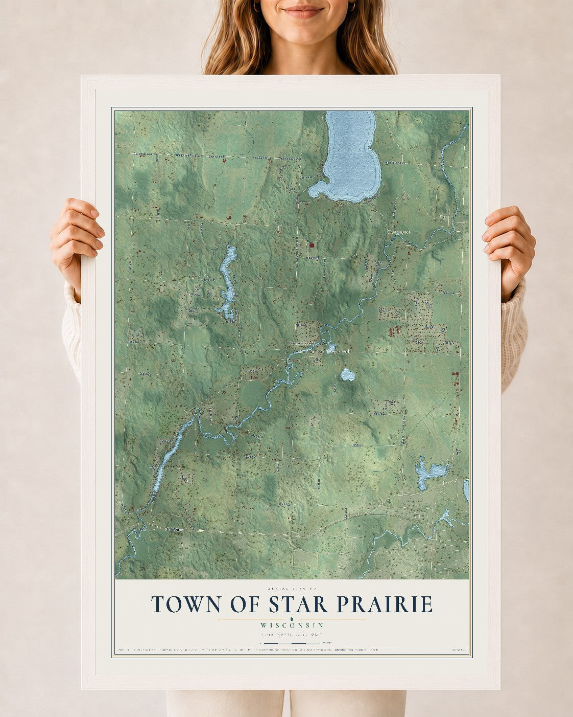 Map of the Town of Star Prairie, Wisconsin, 24 x 36 inch print in a white wood frame