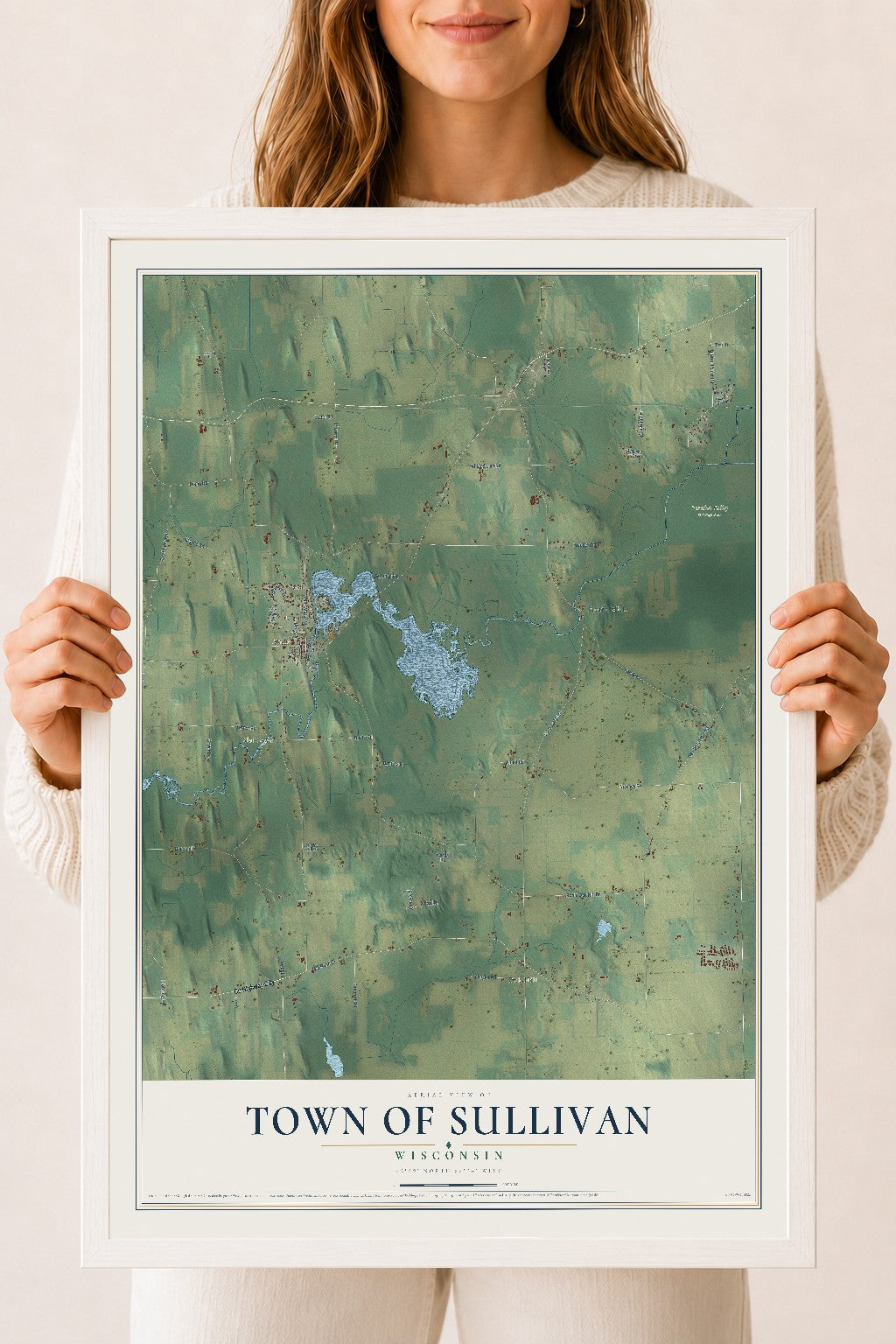 Map of the Town of Sullivan, Wisconsin, 18 x 24 inch print in a white wood frame
