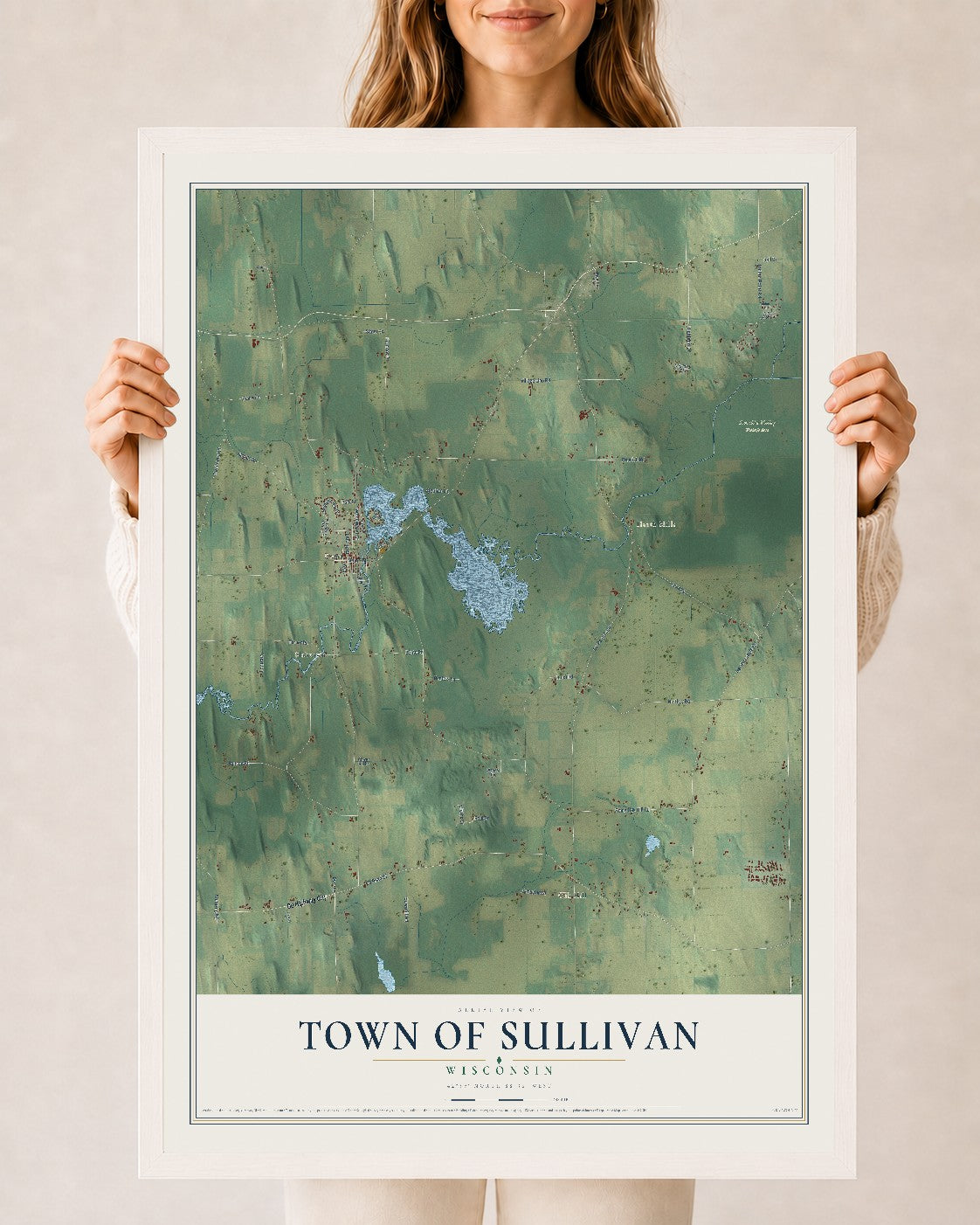 Map of the Town of Sullivan, Wisconsin, 24 x 36 inch print in a white wood frame