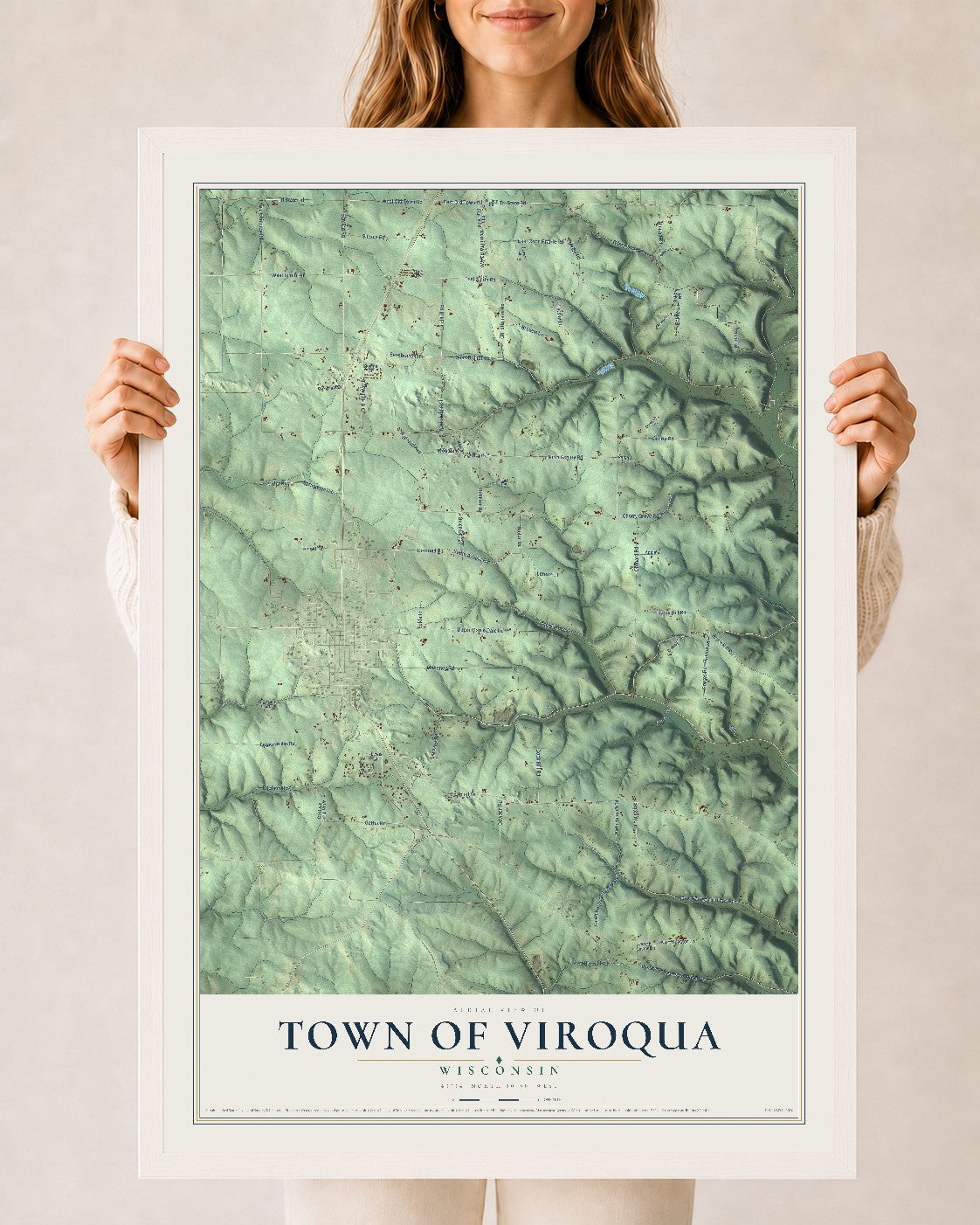 Map of the Town of Viroqua, Wisconsin, 24 x 36 inch print in a white wood frame