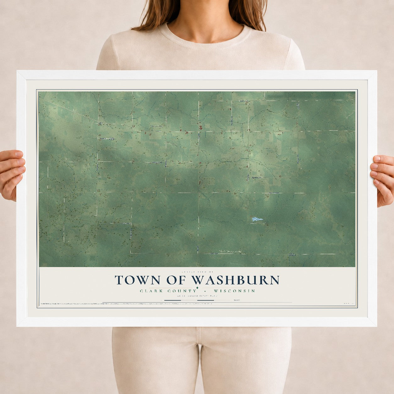 Map of the Town of Washburn, Clark County, Wisconsin, 18 x 24 inch print in a white wood frame