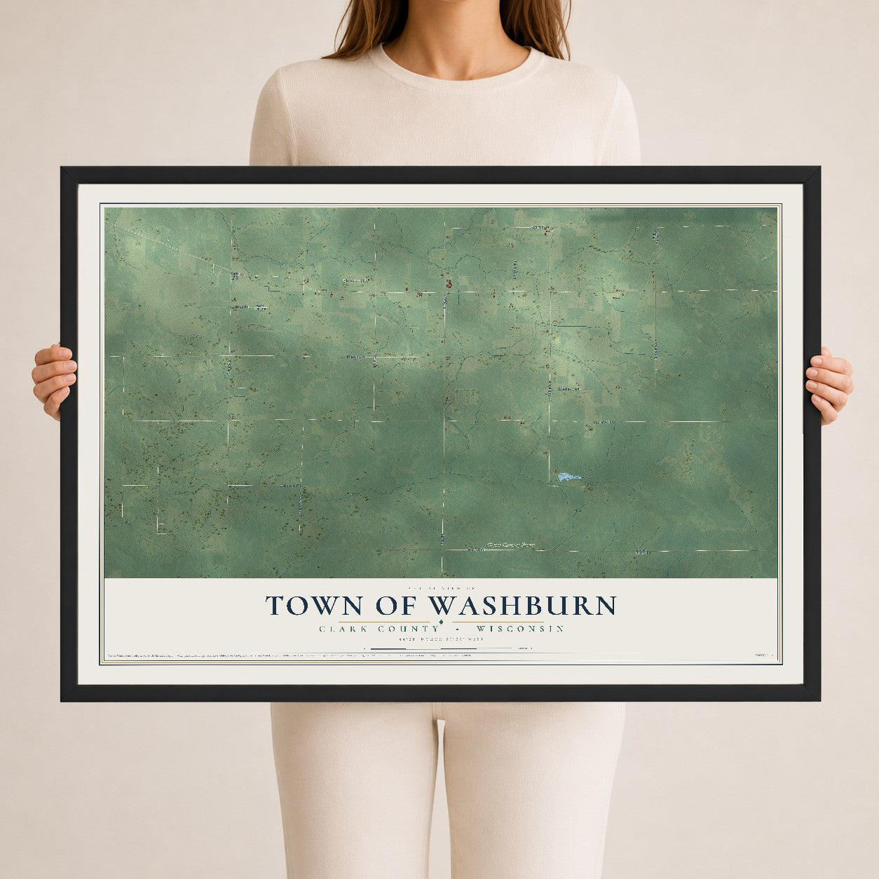 Map of the Town of Washburn, Clark County, Wisconsin, 24 x 36 inch print in a black wood frame