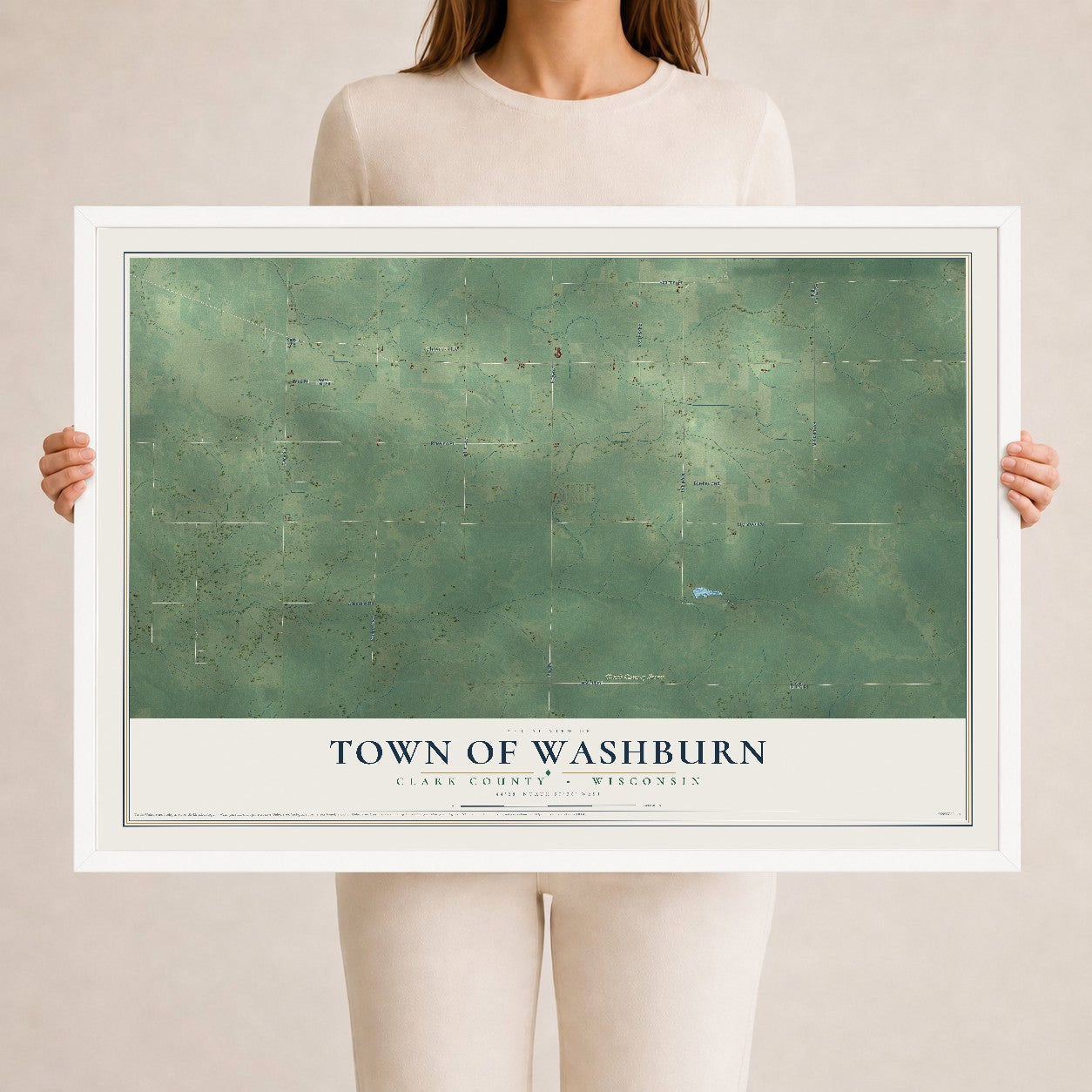 Map of the Town of Washburn, Clark County, Wisconsin, 24 x 36 inch print in a white wood frame
