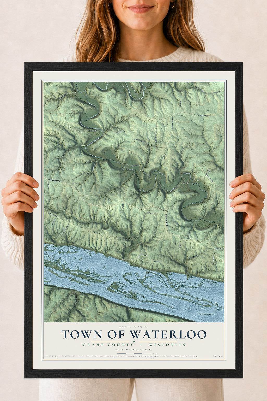 Map of the Town of Waterloo, Grant County, Wisconsin, 18 x 24 inch print in a black wood frame