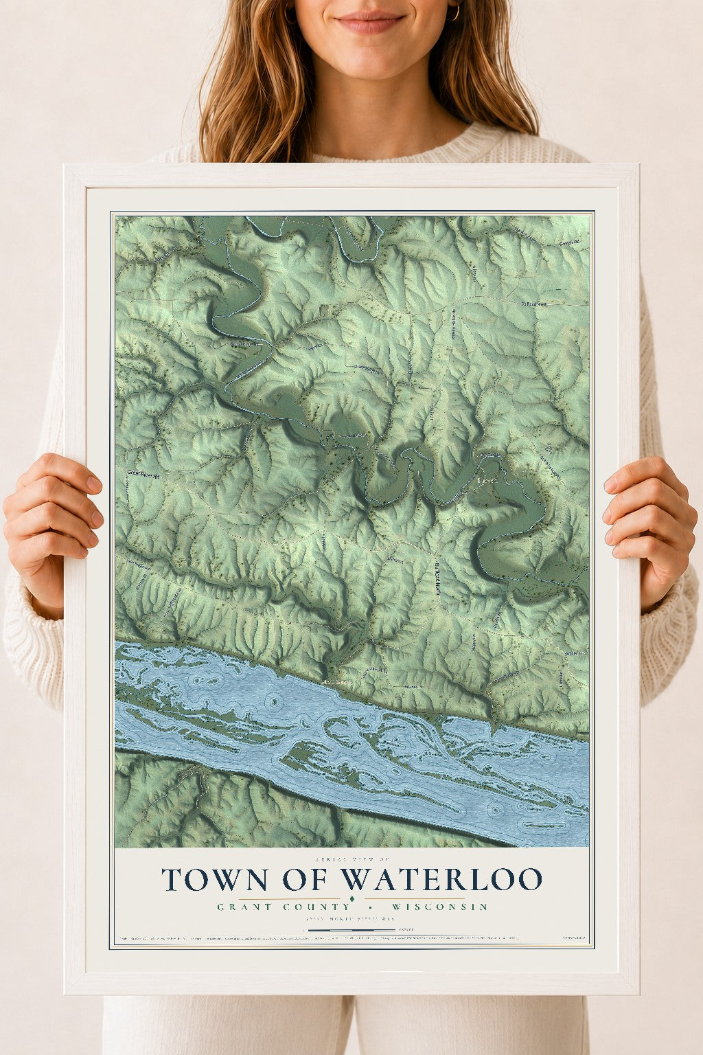 Map of the Town of Waterloo, Grant County, Wisconsin, 18 x 24 inch print in a white wood frame